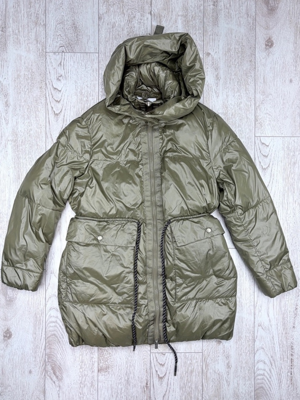 ZARA Size XS Olive Green Hooded Puffer Parka With Drawstring Waist
